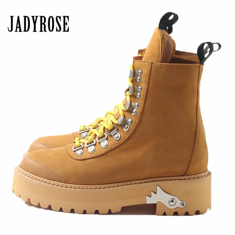 Jady Rose British Genuine Leather Women Ankle Boots Female Platform Rubber High Boots Lace Up Botas Militares Flat Martin Boots