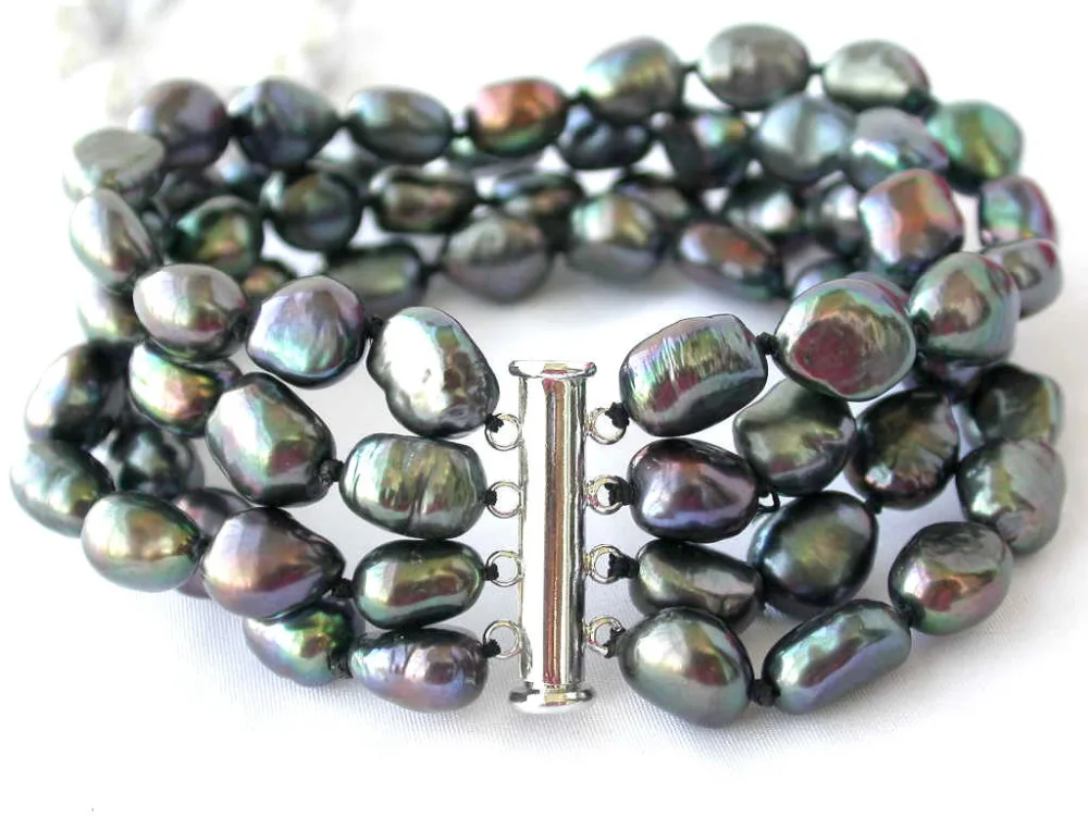 

z2371 4row 8" 11mm nature baroque black fw pearl bracelete SHIPPING 5.25