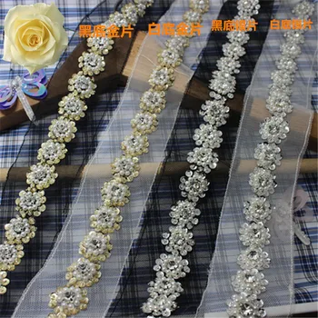 

2016 New Fancy Beaded Crystal Diamante Flower Lace Trim Rhinestone Bridal Trim Dress Accessories Free Shipping