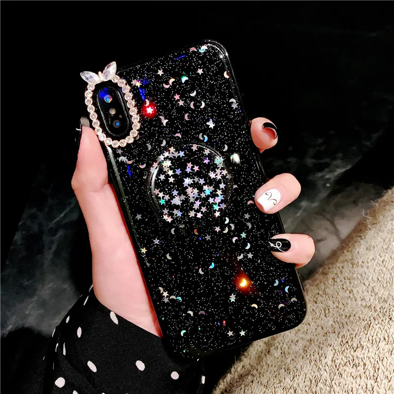 2019 Bling Блеск луны и звезд кронштейн Diamond чехол для iPhone 6 6s 7 8 плюс X XS XR Max Чехол