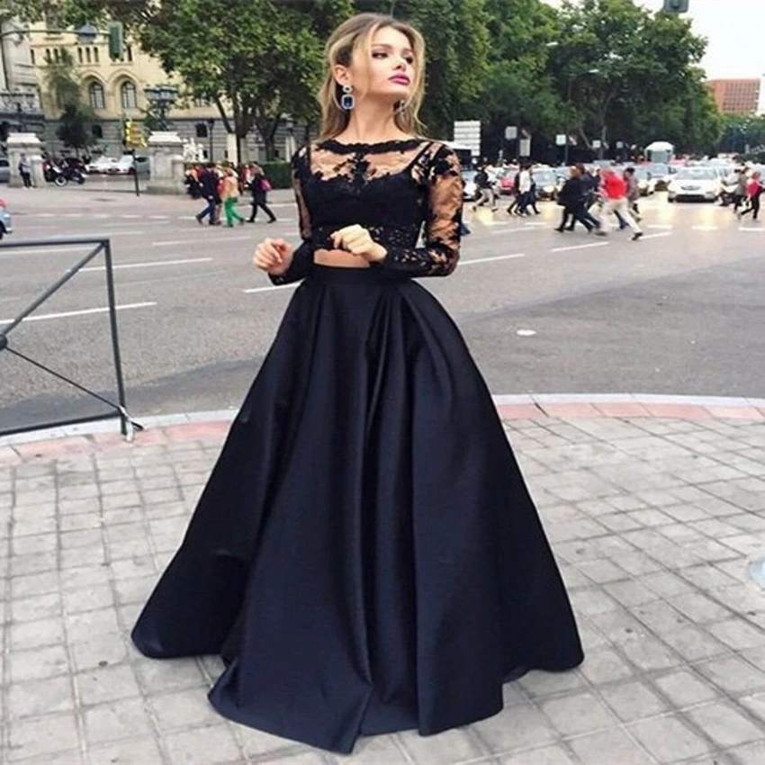 Elegante Negro Vestidos de Noche Largo Con Mangas Largas vestidos de festa vestido Opacidad Balón vestido de Dos Piezas de Baile vestido|evening dresses long|black evening dressevening dress - AliExpress