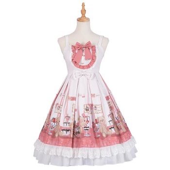

Sweet Lolita Jumper Skirt Straps Pink Bow Printed Lolita JSK Cute Pleated Dress