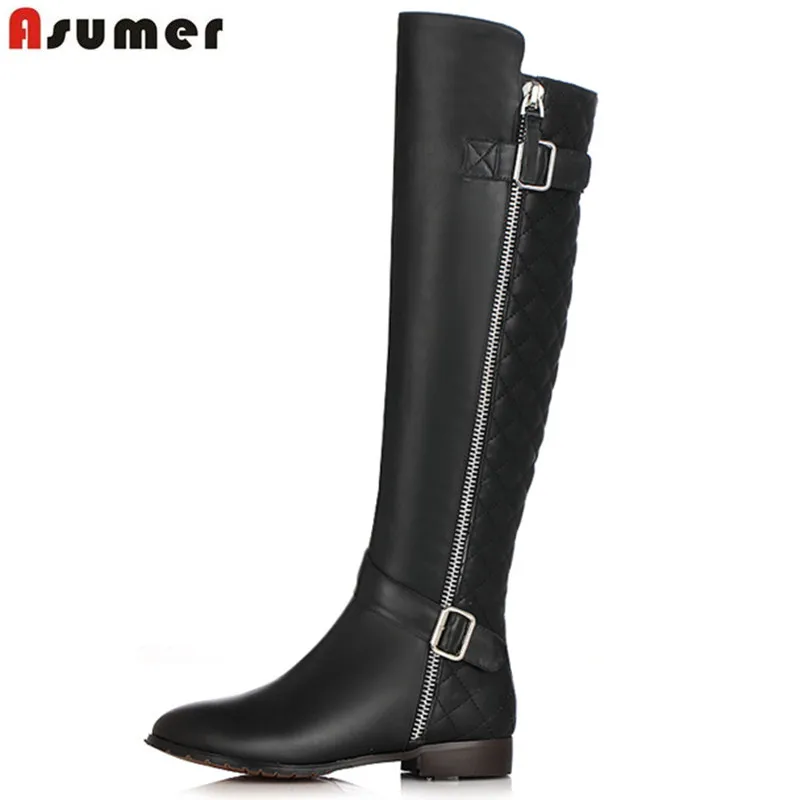 Goedkoop ASUMER 2018 hot verkoop nieuwe knie hoge laarzen vrouwen ronde neus zip pu + koe lederen laarzen lage hakken herfst winter laarzen dames schoenen