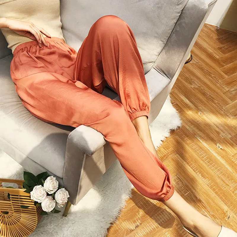 

2019 Summer Women Sunscreen Ice Silk Pants High Elastic Waist Thin Section Chiffon Lantern Pant Women Casual Nine Point Pants