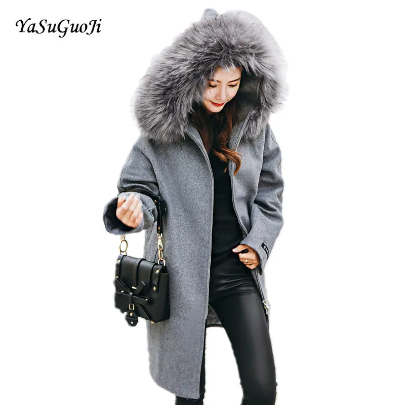 2017 winter new arrival thicken zipper closed cloak type solid color long coat women with fur hooded manteau femme hiver NDY5
