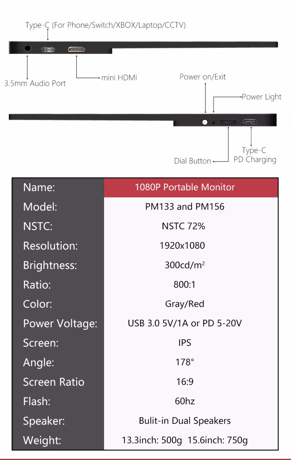 15,6 дюймовый экран монитор Портативный Ультратонкий 1080P ips HD usb type C дисплей для ноутбука телефона xbox Switch и PS4