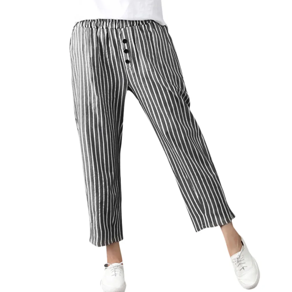 

Women Casual Pants Stripe Elastic Mid Waist Pockets Button Lady Long Loose Pants