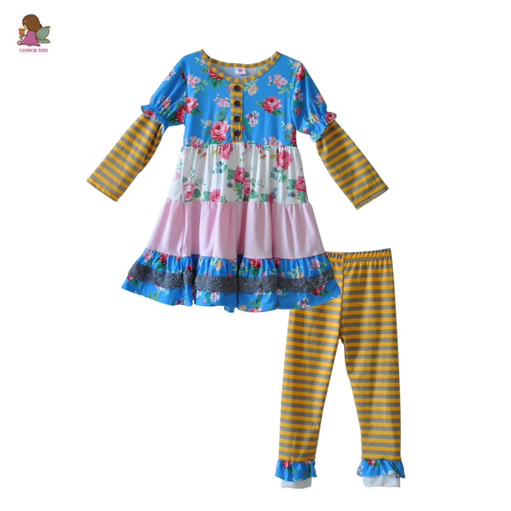 

Free Shipping Baby Clothes Gifts Splice Ruffle Little Girls Cotton Dress And legging Outfit Princess Remake Clothing Sets F158