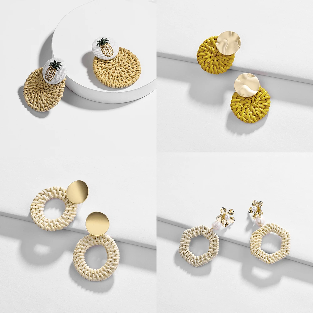 

2019 New Handmade Wooden Rattan Knit Dangle Earring Fashion Flower Boho Round Geometric Hanging Earrings for Women Brincos Gift