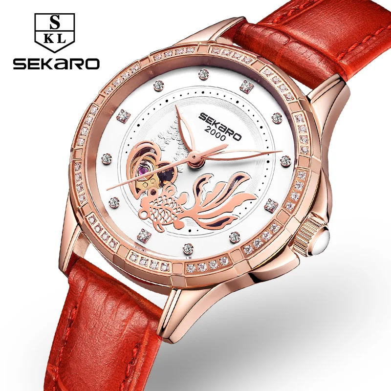 

New Sekaro Fashion Hollow Love Fish Note Women Mechanical Watch Stainless Steel Diamond Wristwatch For Women Clock Montre Femme