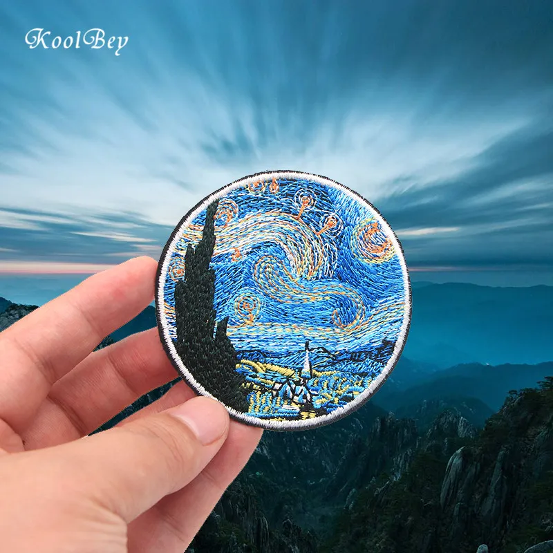 

2pcs/lot Van Gogh Painting The Starry Night Embroidery Iron On Patches For Clothes DIY Accessory Applique Armband Stickers