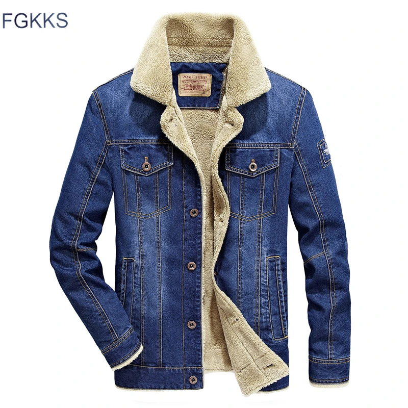 

FGKKS Brand Men Denim Jacket 2019 Autumn Winter Men's Fashion Aviator Button Warm Men's Jackets Coat