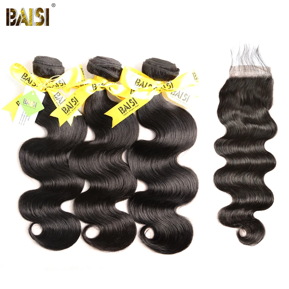 

BAISI Hair Unprocessed Brazilian Virgin Hair Body Wave Hair Weave 3 Bundles with Closure 100% Human Hair