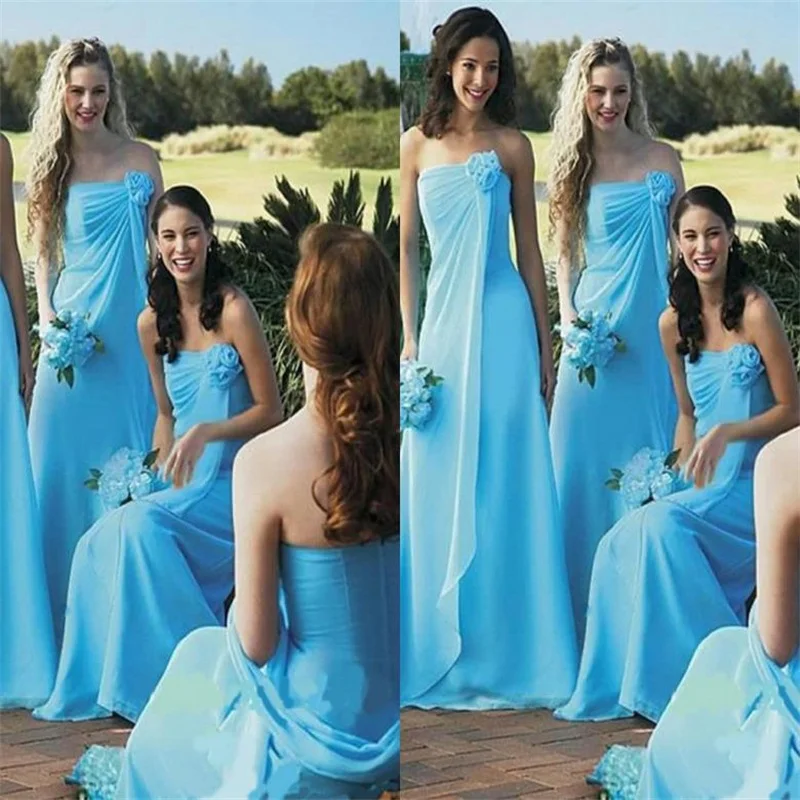 Cielo azul dama de honor vestidos largos gasa sin tirantes del partido de la boda de playa de dama de honor banquete de boda debajo de - AliExpress