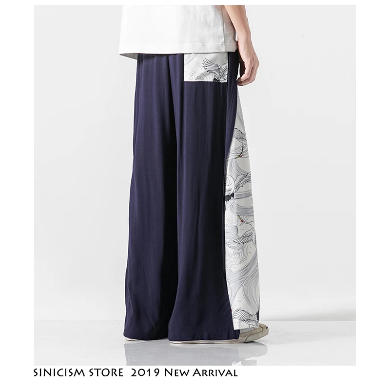 

Sinicism Store 2019 Summer Chinese Style Cotton Pants Mens Patchwork Vintage Loose Pants Male Wide Leg Pants