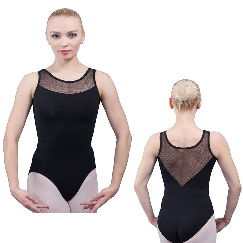 

TINY DANCE Plus Size Black Cotton Lycra and Mesh Camisole Ballet Dance Leotard for Adult 01D0047