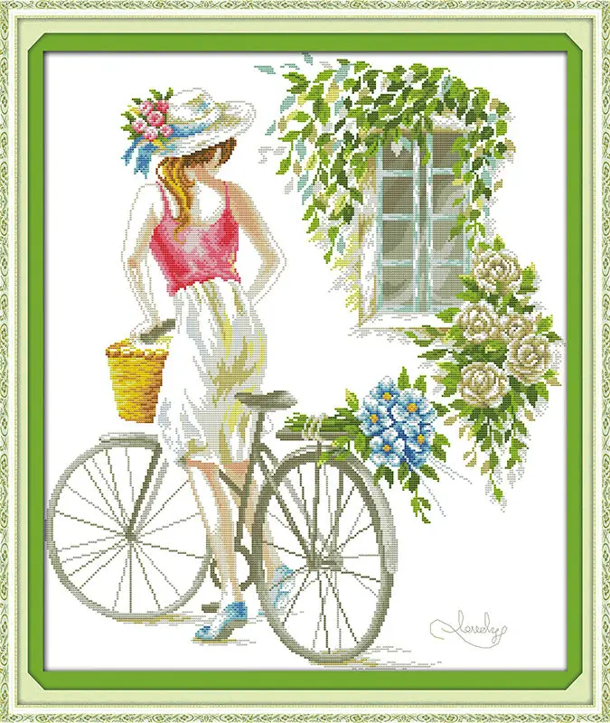 

Beautifu lBicycle girl Printed on Canvas DMC Counted Chinese Cross Stitch Kits printed Cross-stitch set Embroidery Needlework