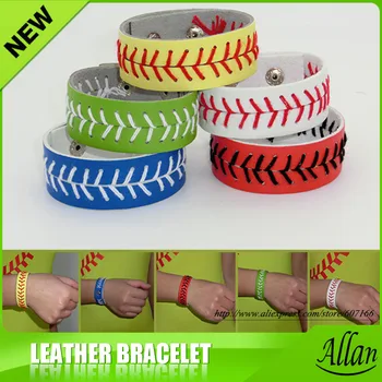 

2019 most fashion softball bracelet sports red stitching seam yellow genuine leather softball bracelets