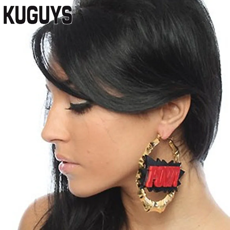 Kuguys Мода акриловые изделия изготовленные на заказ Золото Bamboo большой Серьги-кольца для Для женщин brincos хип-хоп рок красный Pow Серьги Pendientes