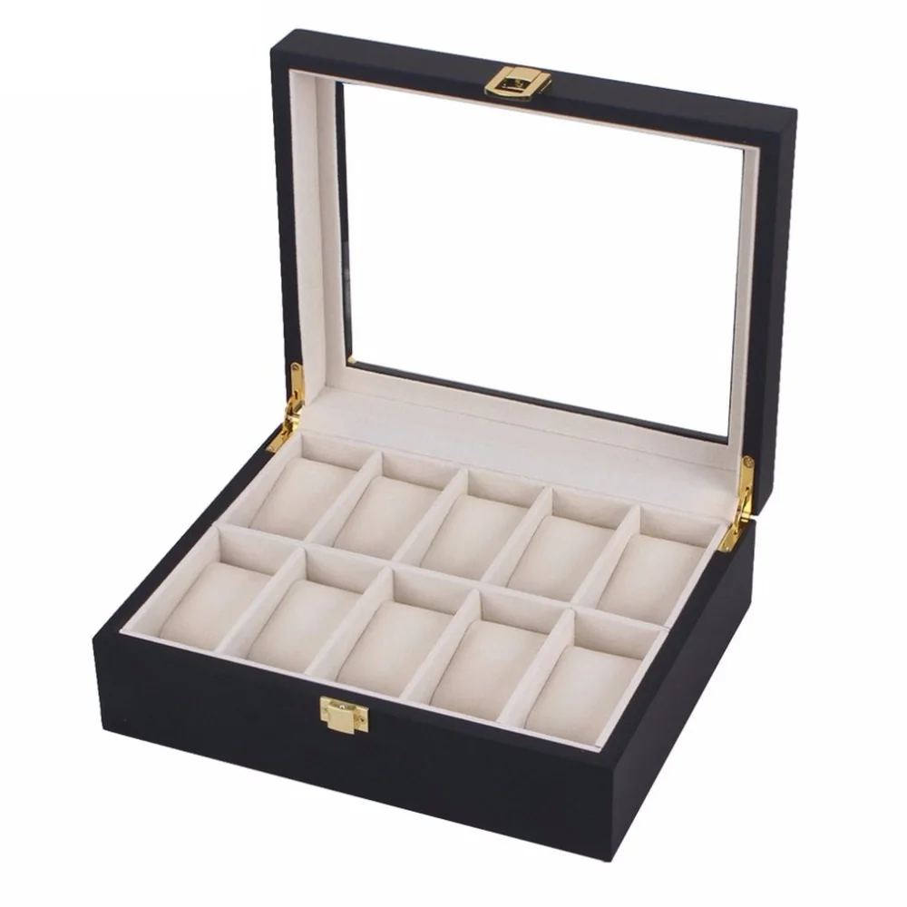 

OUTAD 10/12 Grids Slots Black Wood Jewelry Watches Boxes Casket Storage Organizer Case Fashion Watch Holder Holder Matt