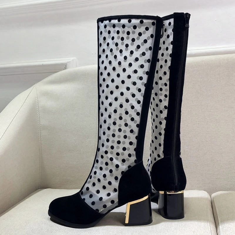 Pour Asileto Frais D'été Flock Chaussures Noir Bottes Femmes Été Dot Sabot Printemps Black Genou Zipper Rond Mesh Talon Bout Femme Air S1141 rCtQshd