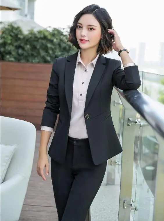 Новые зимние весенние элегантные офисные женские деловые костюмы женские комплекты из 2 предметов Femme куртка с длинными рукавами и брючные костюмы плюс 5XL - Цвет: black Pant Suits