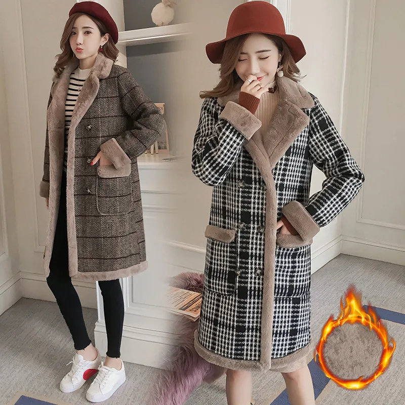 

New Women's Wool Coat Winter 2018 Fashion Elrgant Plaid Jacket Thicken Plus Velvet Warm Tops Outerwear Long Woolen Coat Female