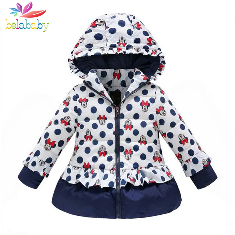 

Belababy Girls Winter Coat Children Cute Polka Dot Hooded Down Jacket Kids Girl Warm Outwear Baby Girls Fashion Cartoon Clothes