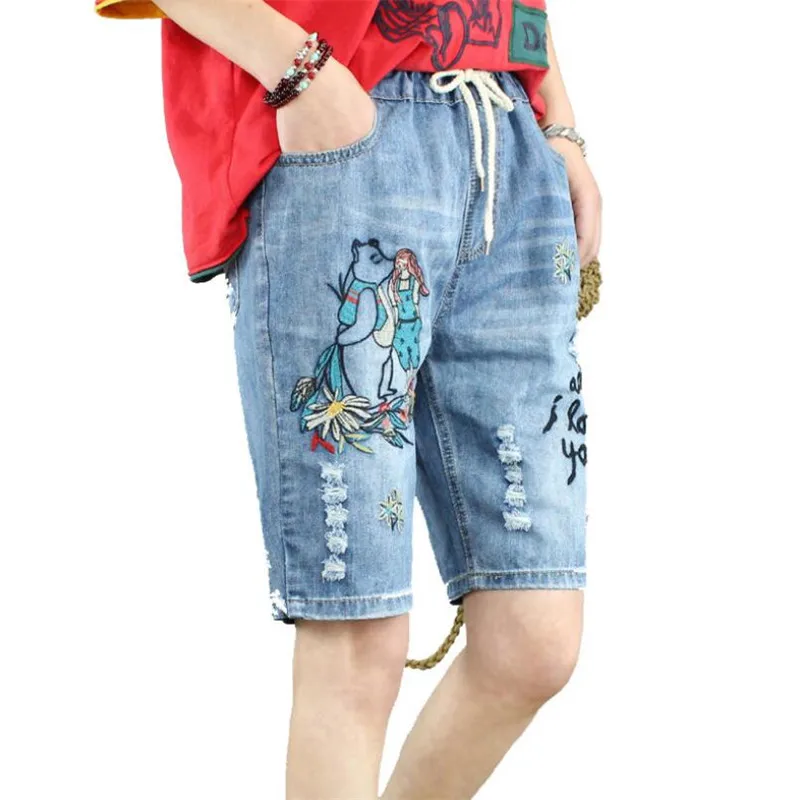 

Summer Womens Hot Jeans Denim Shorts Knee Length vintage Embroidery Ripped Holes Loose Casual denim shorts r1237