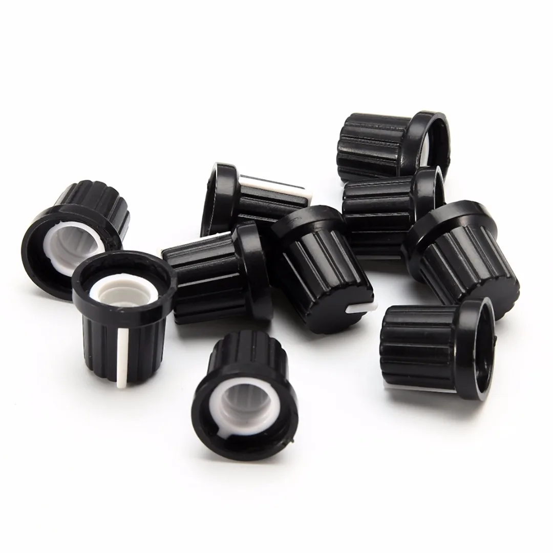 10pcs 6mm Shaft Hole Plastic Volume Control Potentiometer Knob Cap Black Ribbed Threaded Knurled