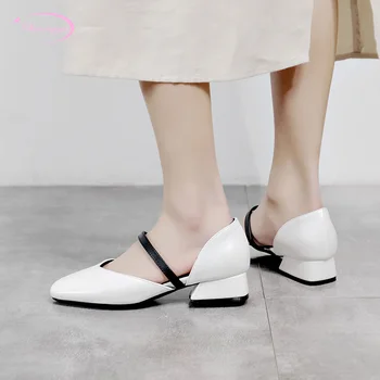 

British college style comfortable round toe summer sandals fashion color matching slip-on white black medium heel women's shoes