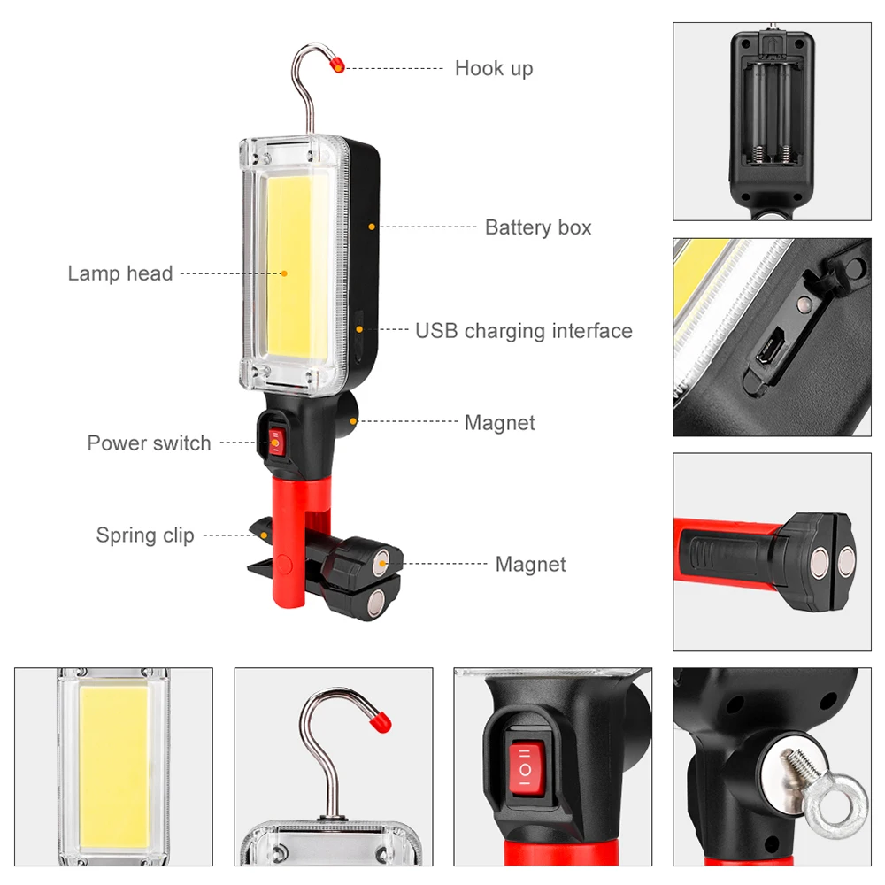 Портативный магнитный рабочий светильник светодиодный COB рабочий светильник USB Перезаряжаемый ремонтная проверка фонаря Рабочая лампа работает от батареи 18650