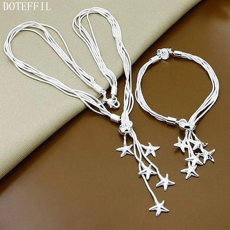 DOTEFFIL 925 Sterling Silver Five Starfish Snake Chain Necklace Bracelet Set For Woman Wedding Engagement Party Charm Jewelry | Украшения и