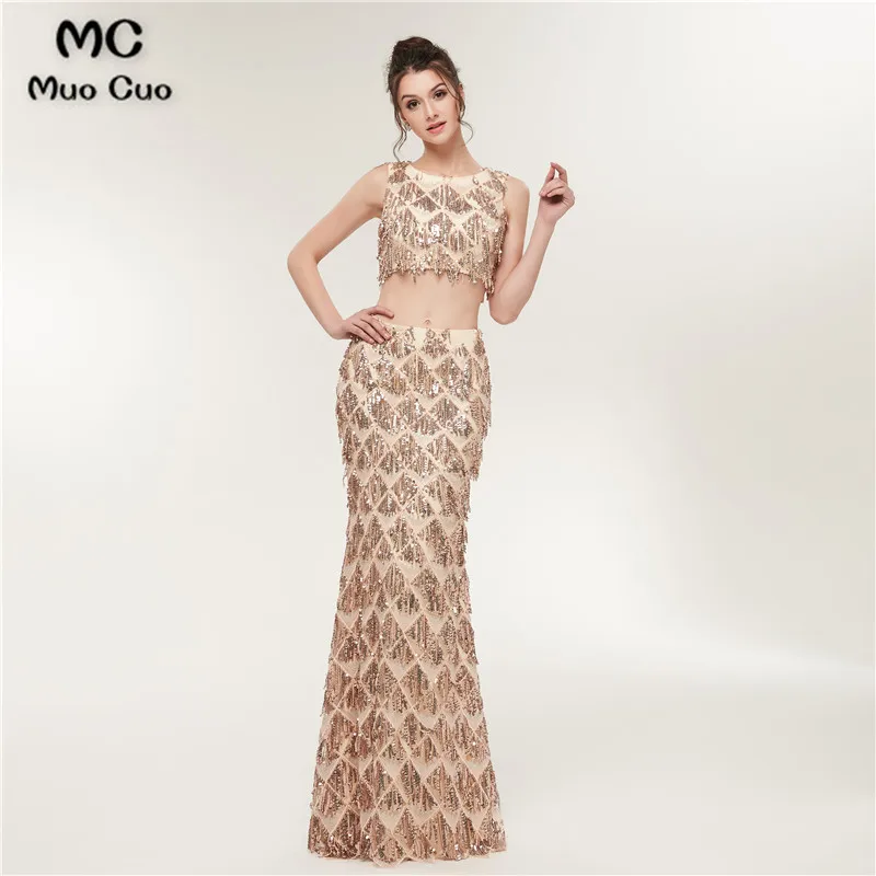 

2018 Two Pieces Gown Mermaid Prom dresses Long Tassel Sequined Sweep Train Graduation dresses Evening Prom Dress for Women