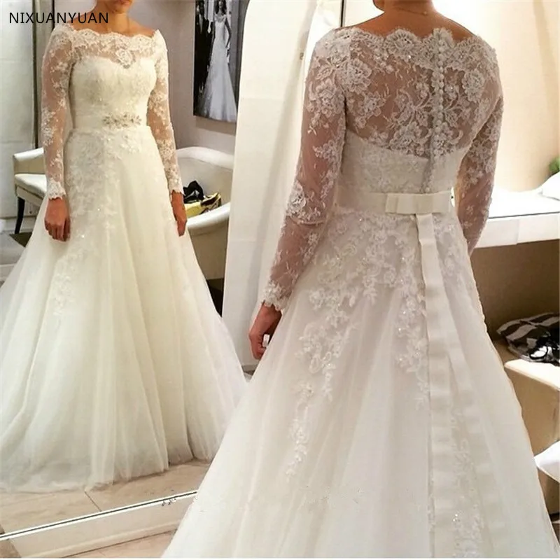 

Vestido De Noiva A Line 2022 White Bateau Sequins Appliques Cheap Bridal Dresses Long Sleeve Lace Wedding Dresses with Covered