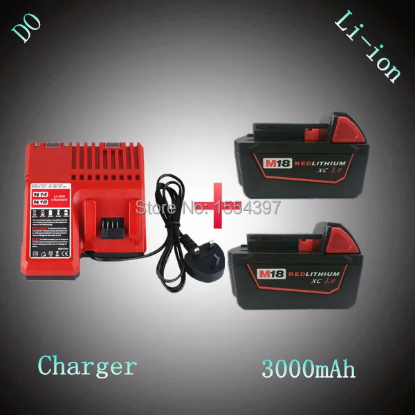 

2PCS 18V 3000mAh New Rechargeable Power Tool Lithium Ion Battery with Charger Replacement for Milwaukee M18 XC 48-11-1815 M18B2