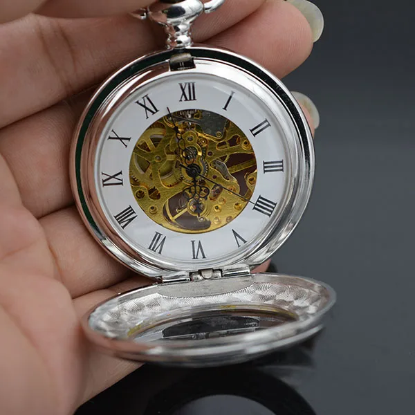 Модные Серебристые механические стимпанк скелет Роман половина охотник ручной обмотки кулон карманные часы Reloj De Bolsillo