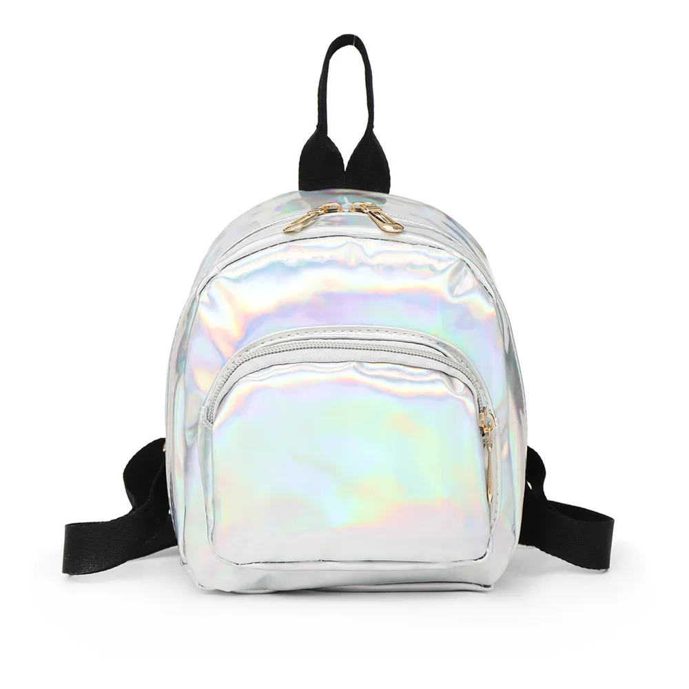 Women Laser Hologram PVC Backpacks Girls Shoulder School Backpack Female Small Leather Holographic Travel Bag Mochila Feminina - Цвет: Silver