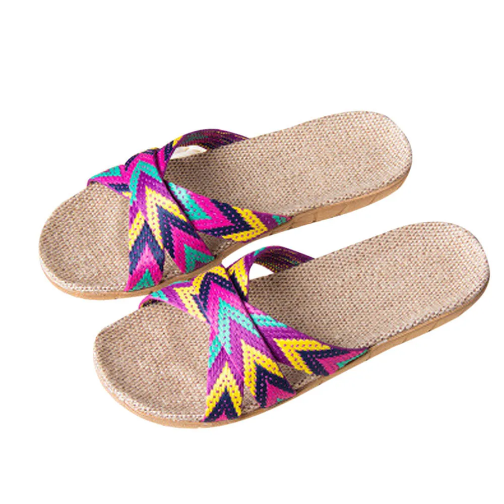 Женские тапочки мужские Нескользящие льняные домашние летние туфли на плоском ходу с открытым носком летние туфли женские пляжные сандалии - Цвет: Purple