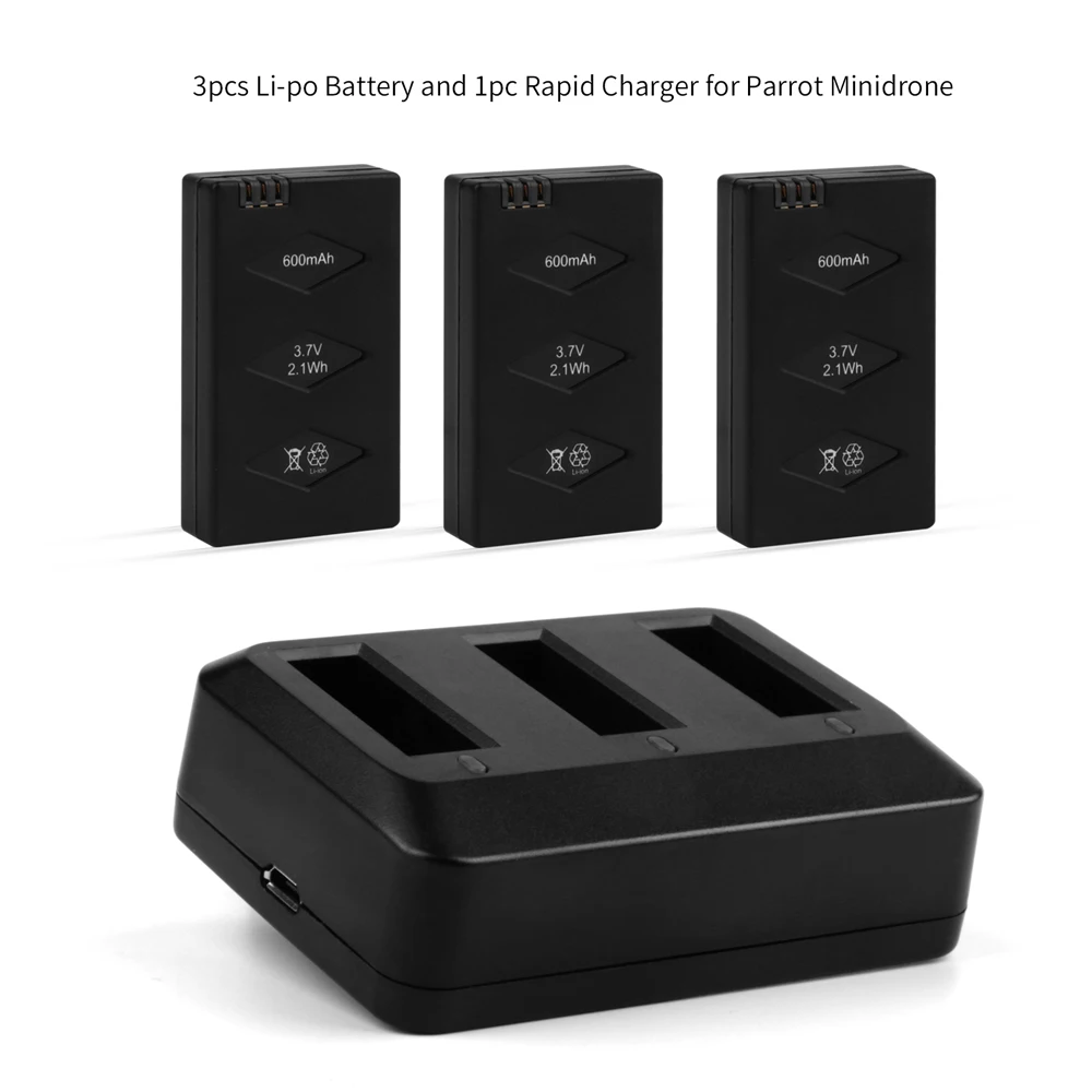 3pcs 3.7V 600mAh Rechargeable Battery with 3 Way Bateries Charger for Parrot Jumping Sumo Swing Mambo Rolling Spider Mini Drone