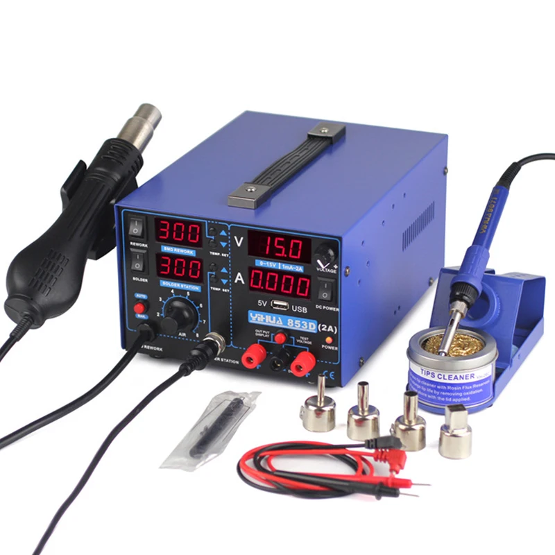 US $59.42 YIHUA 853D Soldering Station Rework Station 4 in 1 Hot Air Gun Soldering Iron USB Output 15V 2A DC Power Supply BGA Welding Tool
