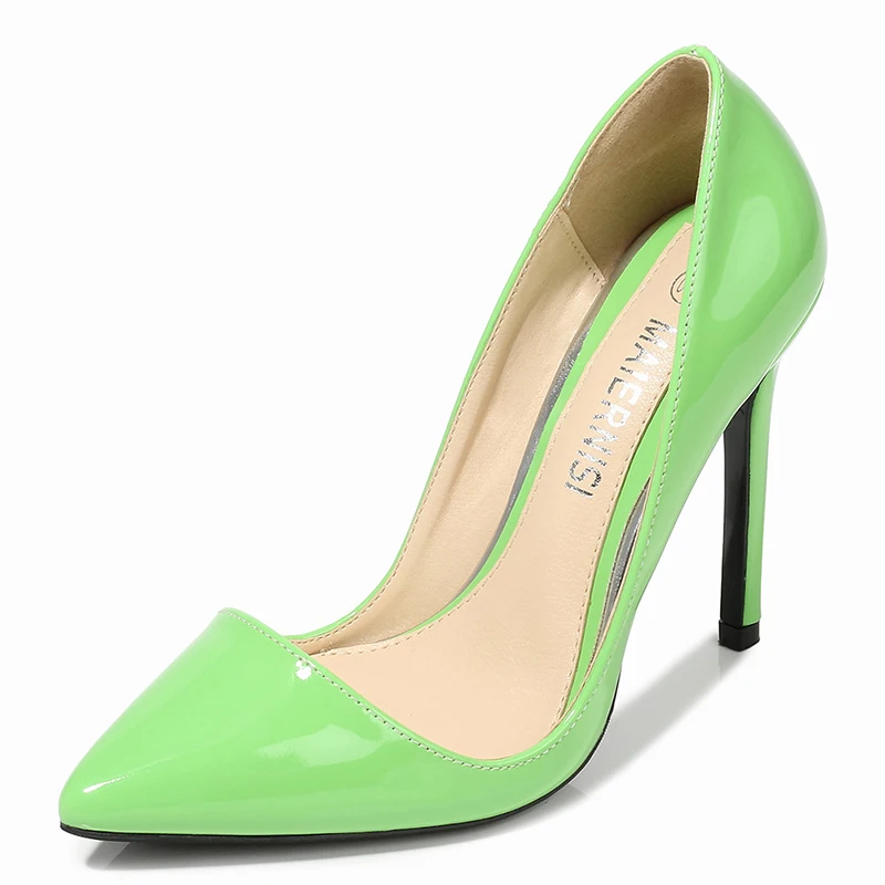 MAIERNISI/женские туфли на тонком каблуке с острым носком свадебные вечерние туфли из лакированной кожи с острым носком на каблуке 11 см женские большие размеры 35-46 - Цвет: green