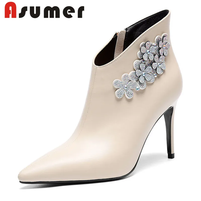 

ASUMER HOT SALE 2020 fashion flower ankle boots high heels sexy women boots winter pointed toe shallow genuine leather boots