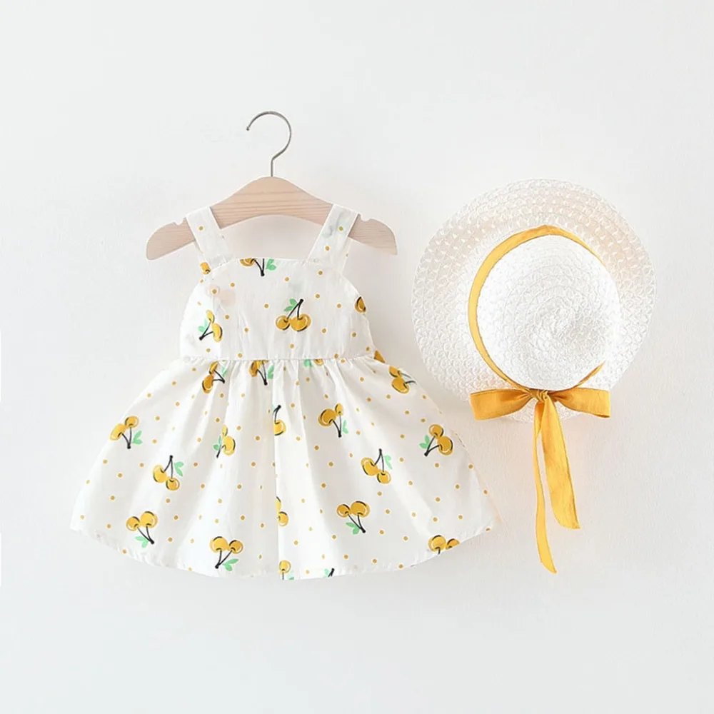 Toddler Baby Kids Girls Sleeveless Cherry Dot Princess Dresses Bow Hat Outfits vestido robe fille  #4j08 (14)