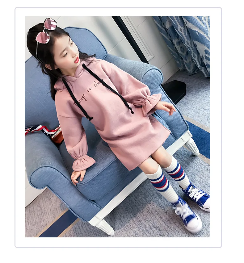 Casual Girls Dresses Winter 2018 Fashion Kids Long Sleeve Teen Dress For Girls Autumn Letter Hooded Children Dresses 7 to 8 Year (5)