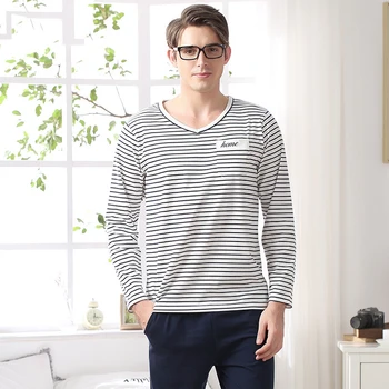 

Mens pajamas European and American style couples striped long-sleeved knitted cotton male big code home wear men sleepwear
