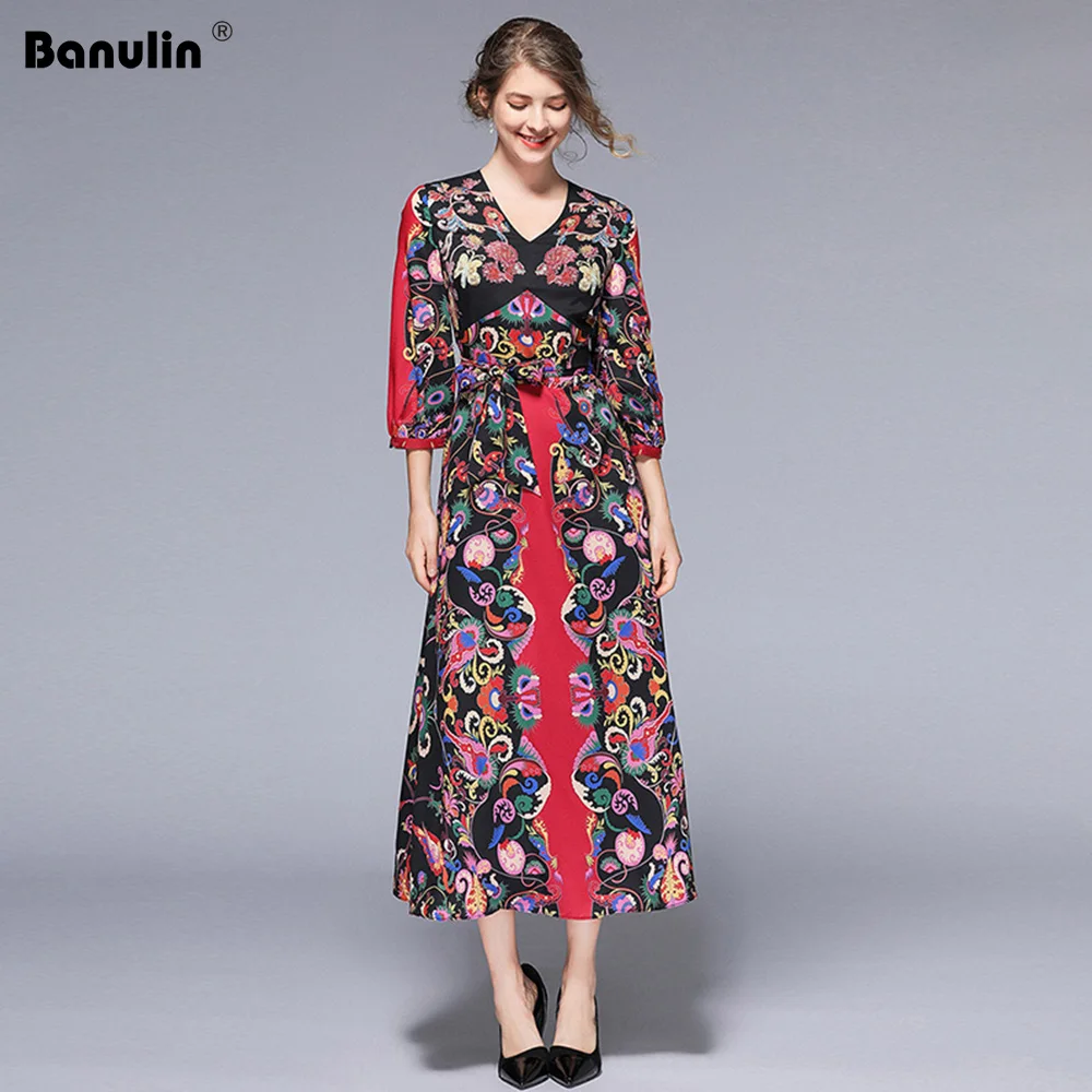 

Banulin 2019 Summer New Fashion Runway Long Dress Women's V-Neck Lantern Sleeve Black Red Lace UP Beach Dress B002