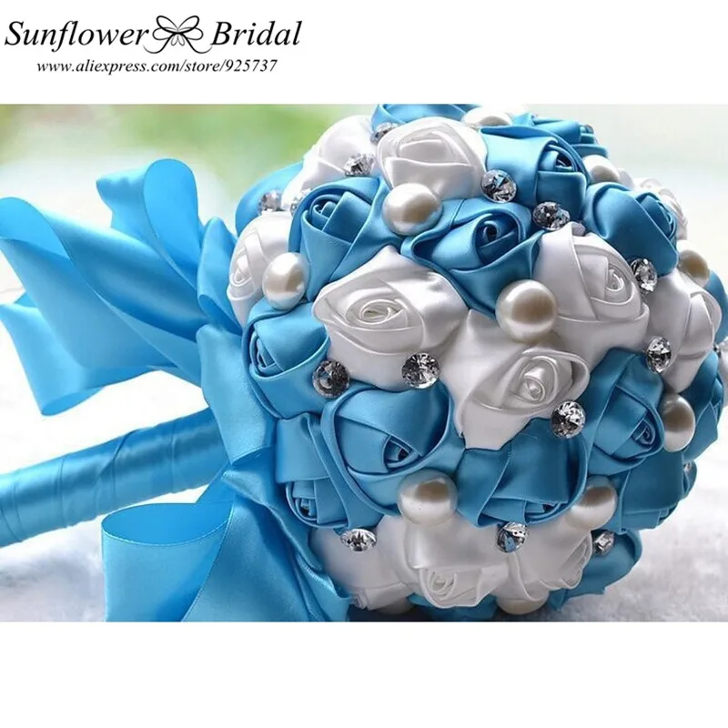 Букет де mariée 5 цветов кристалл жемчуг Букеты свадебные атласные Свадебные цветы Свадебные букеты Великолепный Букет De Noiva - Цвет: Синий