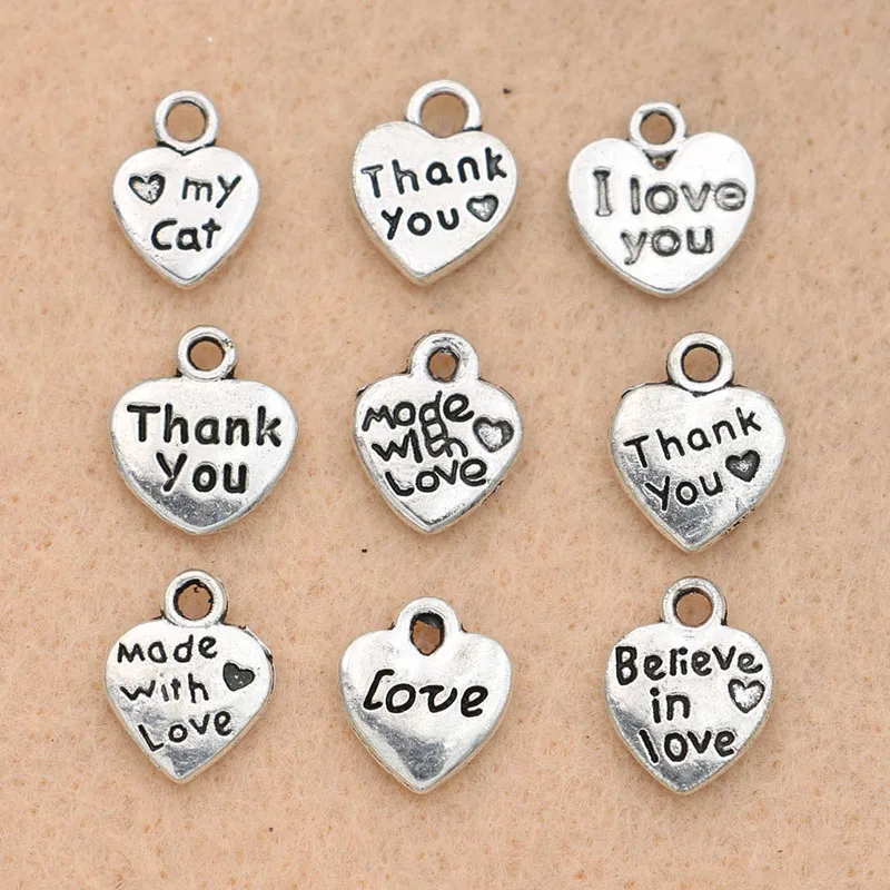

Heart Charms "made with love" Pendants for Tibetan Silver Plated Jewelry Making Bracelet Accessories DIY Handmade 30pcs