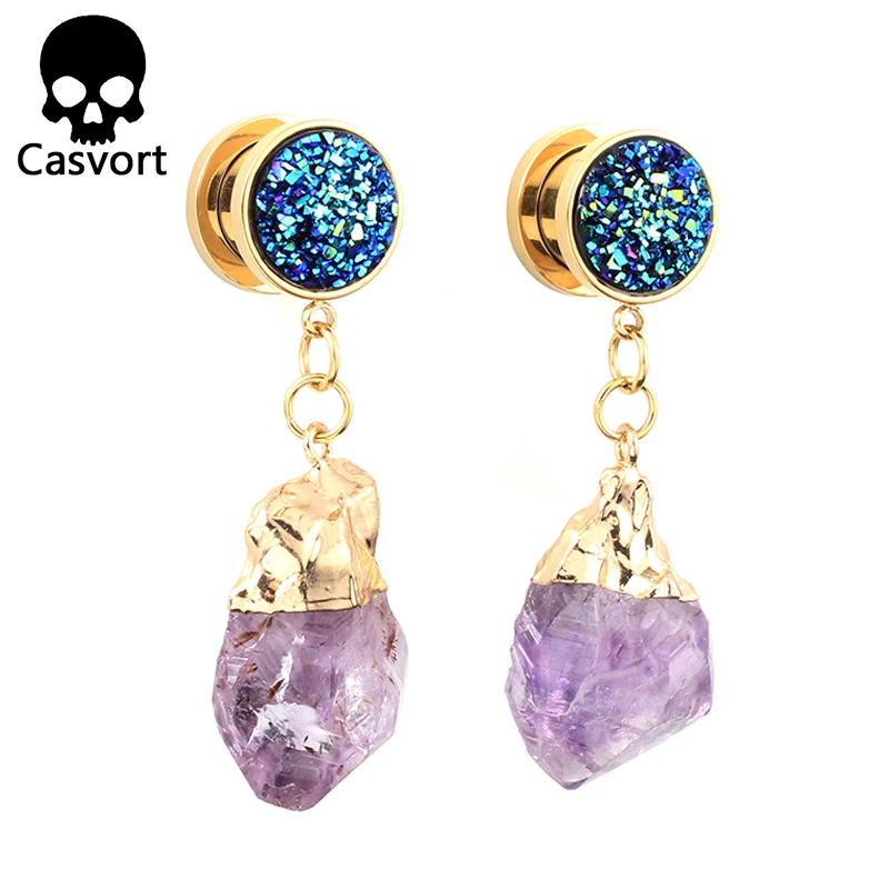 

Casvort new irregular precious crystal dangle plugs ear tunnel stainless steel gold ear piercing expander gauge